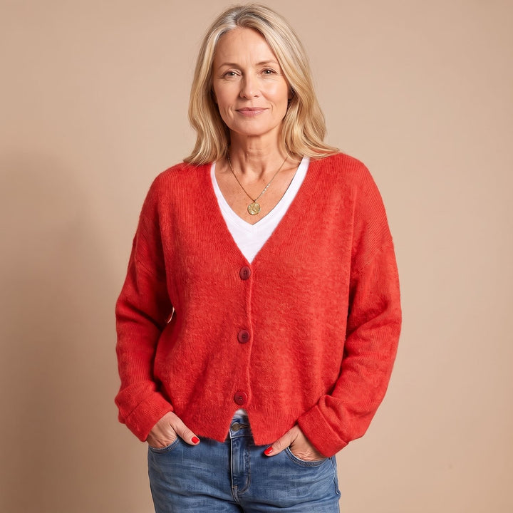 Women's V-Neck Button-Up Relaxed Knit Cardigan Sweater - Red