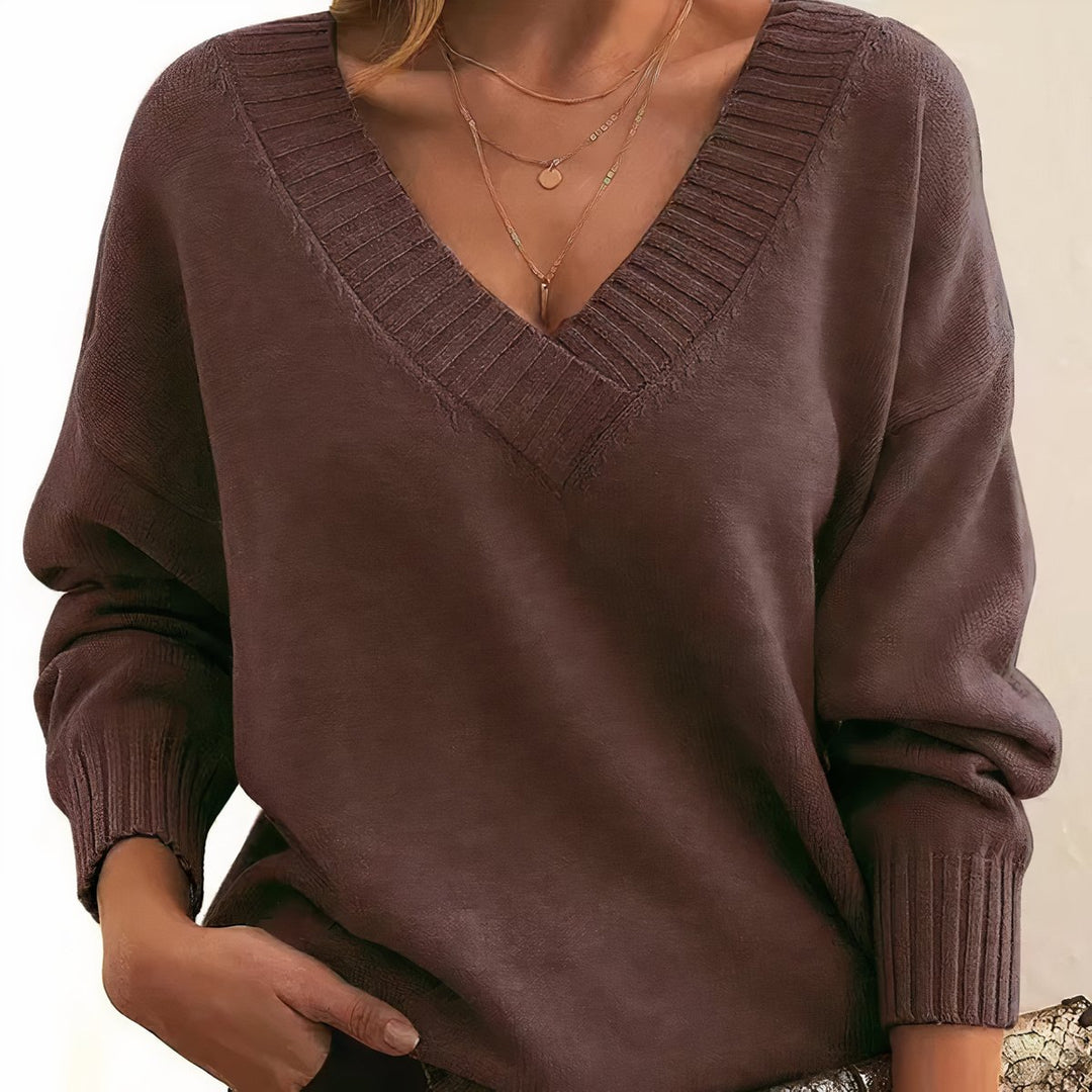 Women's V-Neck Cashmere Blend Long Sleeve Knit Sweater - Auburn
