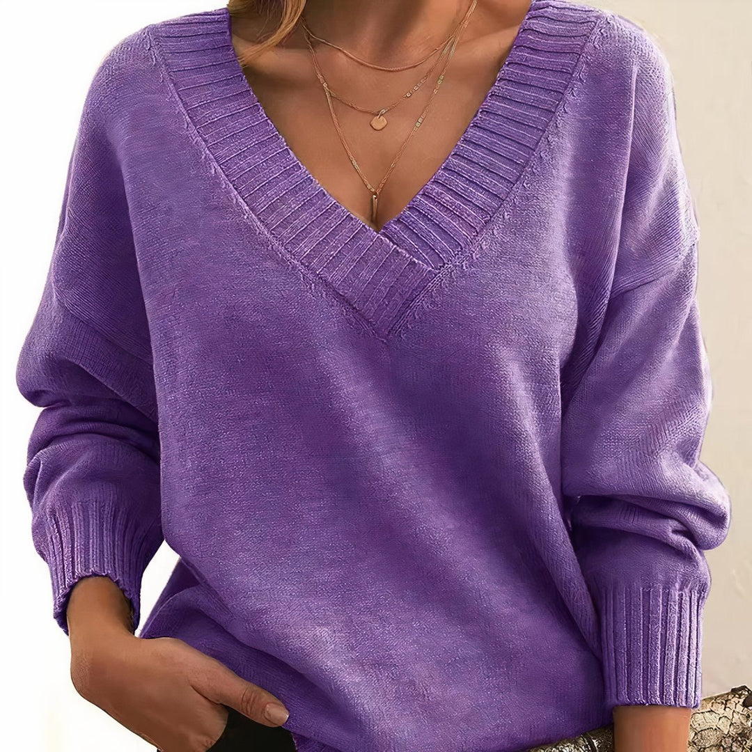 Women's V-Neck Cashmere Blend Long Sleeve Knit Sweater - Purple