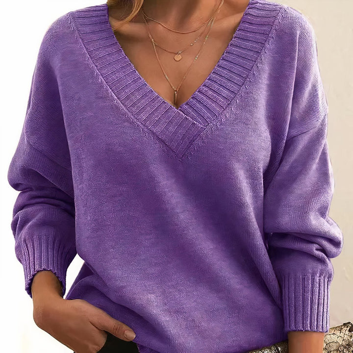 Women's V-Neck Cashmere Blend Long Sleeve Knit Sweater - Purple