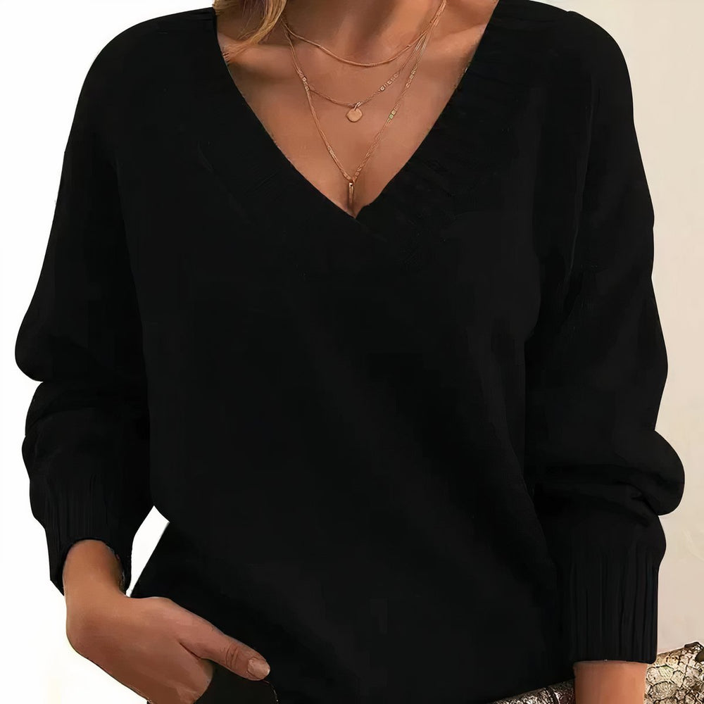 Women's V-Neck Cashmere Blend Long Sleeve Knit Sweater - Black