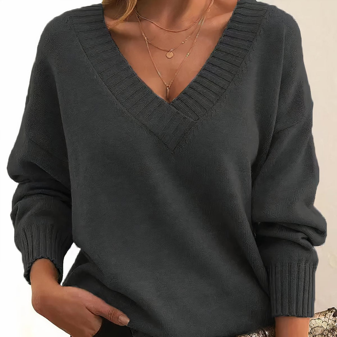 Women's V-Neck Cashmere Blend Long Sleeve Knit Sweater - Dark Gray