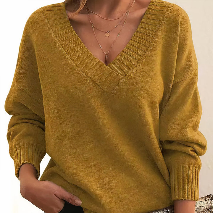 Women's V-Neck Cashmere Blend Long Sleeve Knit Sweater - Gold