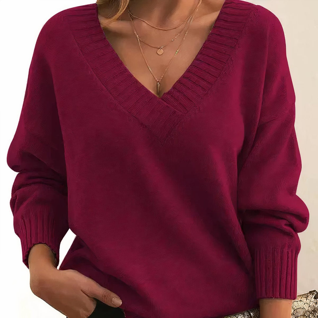 Women's V-Neck Cashmere Blend Long Sleeve Knit Sweater - Red