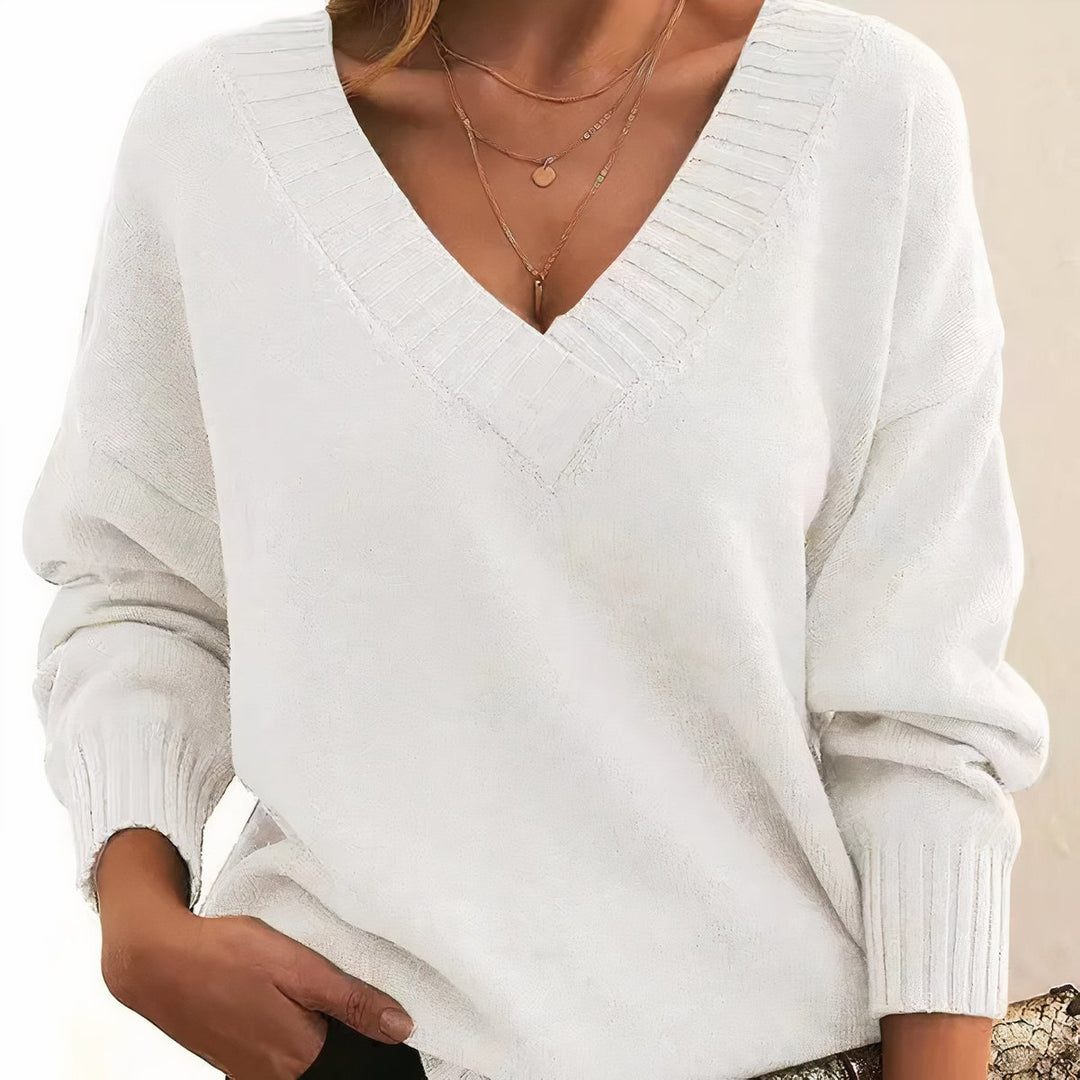 Women's V-Neck Cashmere Blend Long Sleeve Knit Sweater - White
