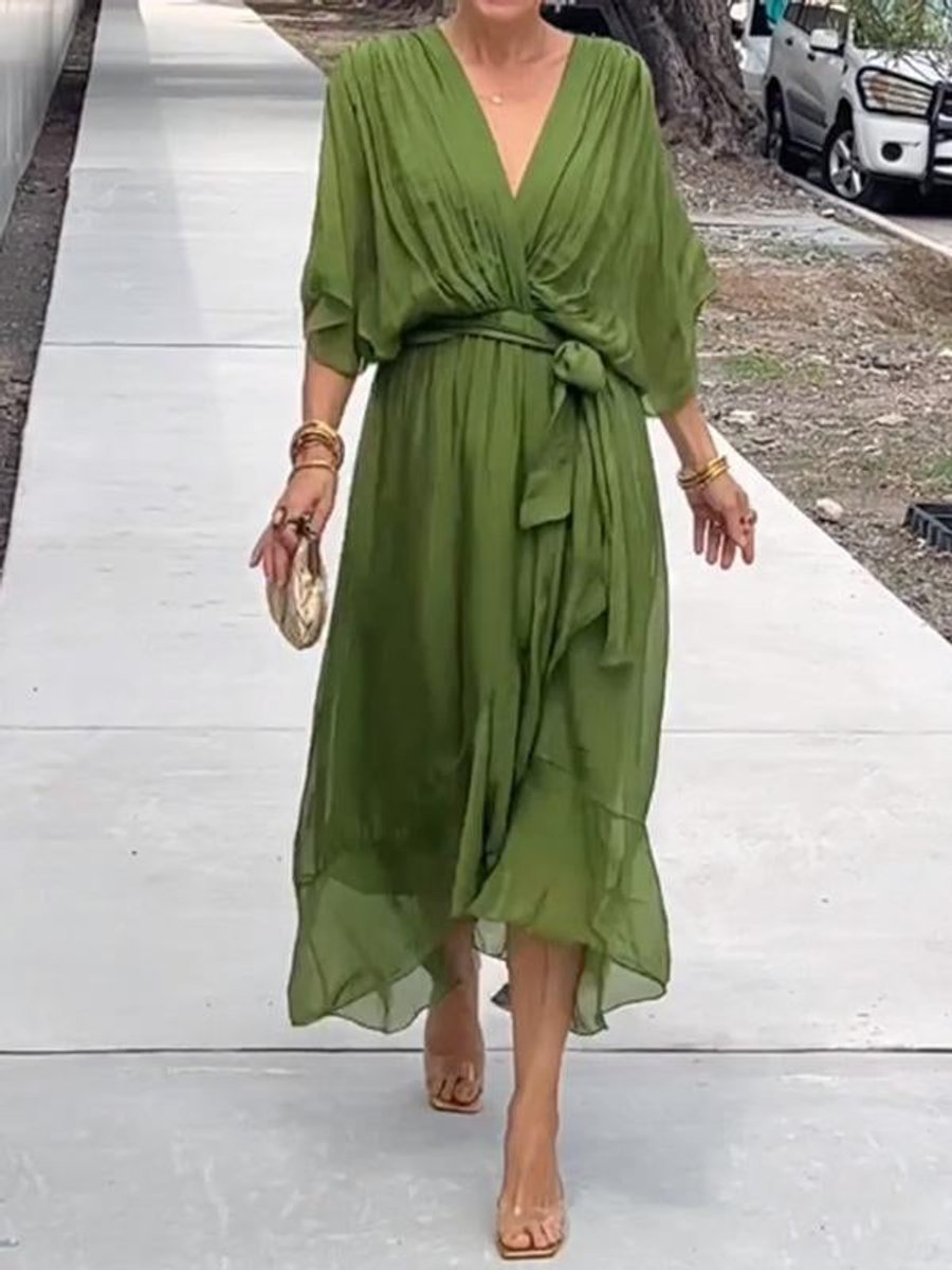 Women's V-Neck Chiffon Midi Cocktail Party Dress Belted Flowy - Green