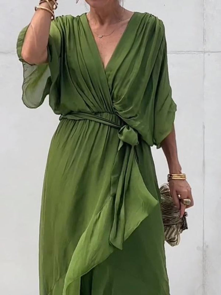 Women's V-Neck Chiffon Midi Cocktail Party Dress Belted Flowy