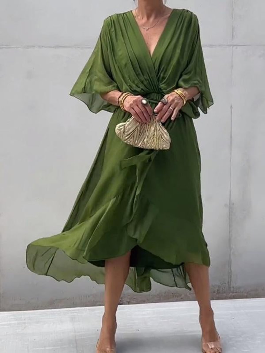 Women's V-Neck Chiffon Midi Cocktail Party Dress Belted Flowy