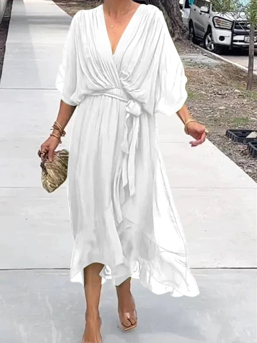 Women's V-Neck Chiffon Midi Cocktail Party Dress Belted Flowy - White