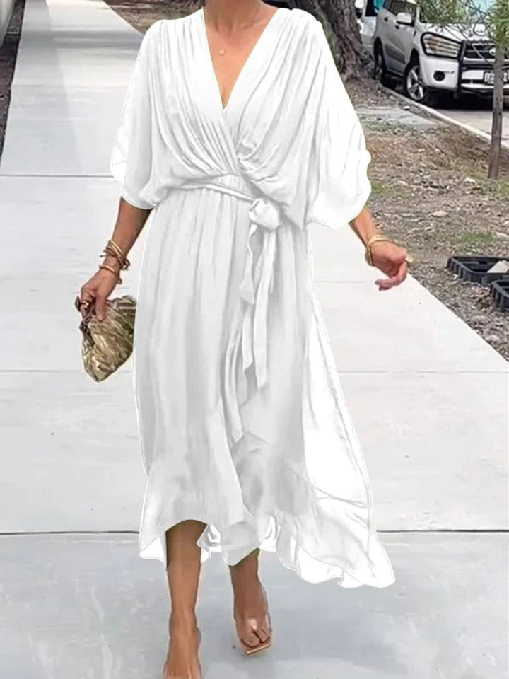 Women's V-Neck Chiffon Midi Cocktail Party Dress Belted Flowy - White