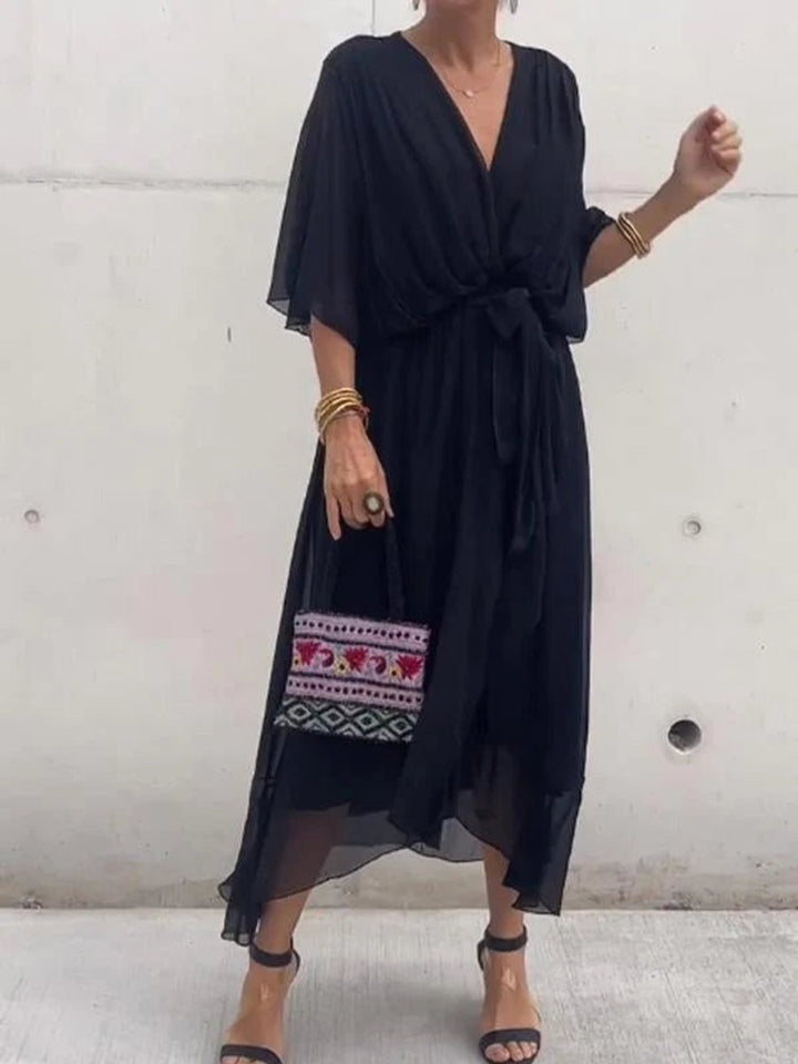 Women's V-Neck Chiffon Midi Cocktail Party Dress Belted Flowy - Black