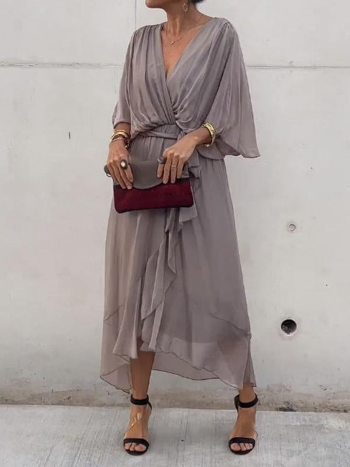 Women's V-Neck Chiffon Midi Cocktail Party Dress Belted Flowy - Gray