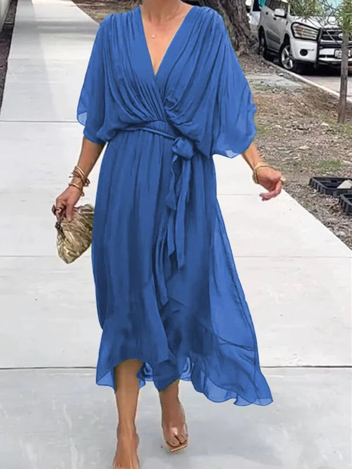 Women's V-Neck Chiffon Midi Cocktail Party Dress Belted Flowy - Blue