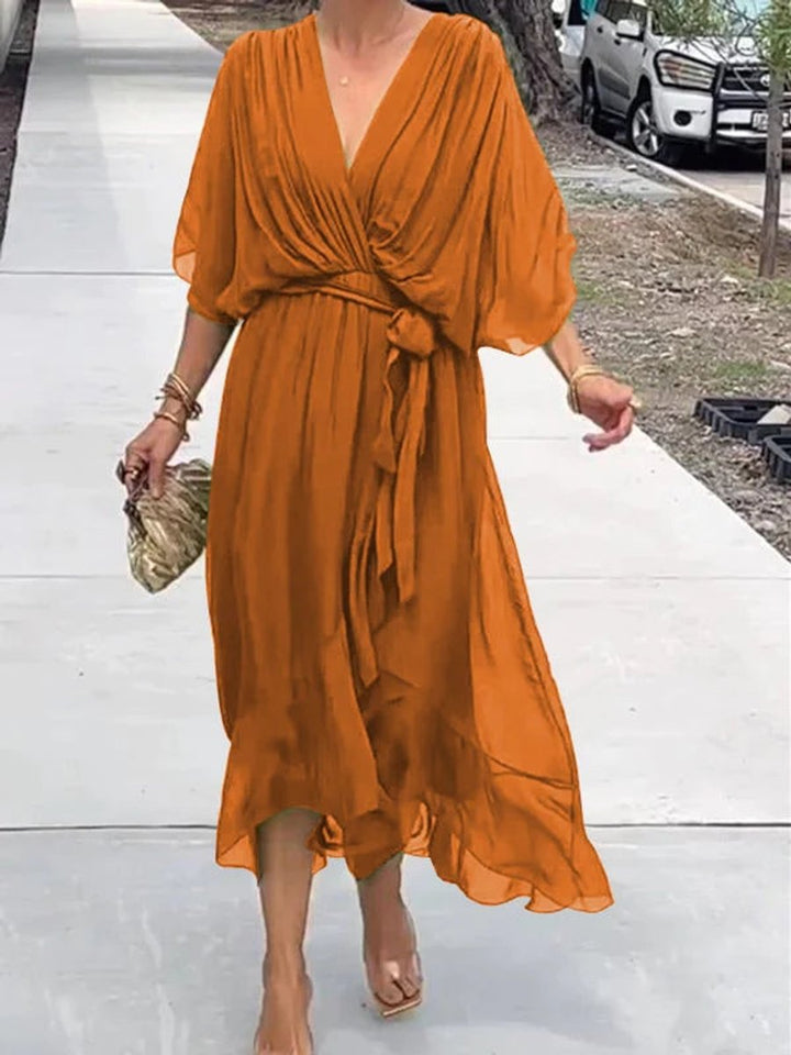 Women's V-Neck Chiffon Midi Cocktail Party Dress Belted Flowy - Orange
