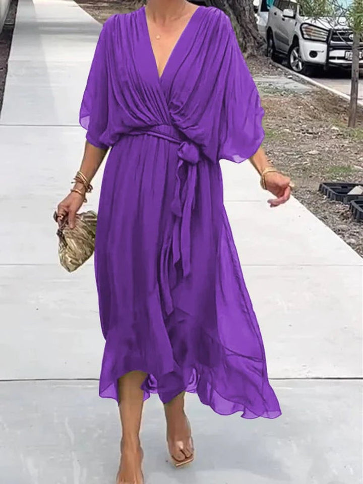 Women's V-Neck Chiffon Midi Cocktail Party Dress Belted Flowy - Purple