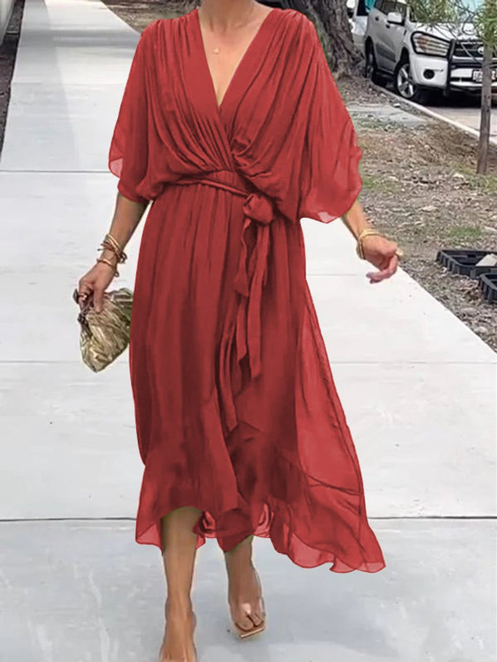 Women's V-Neck Chiffon Midi Cocktail Party Dress Belted Flowy - Red
