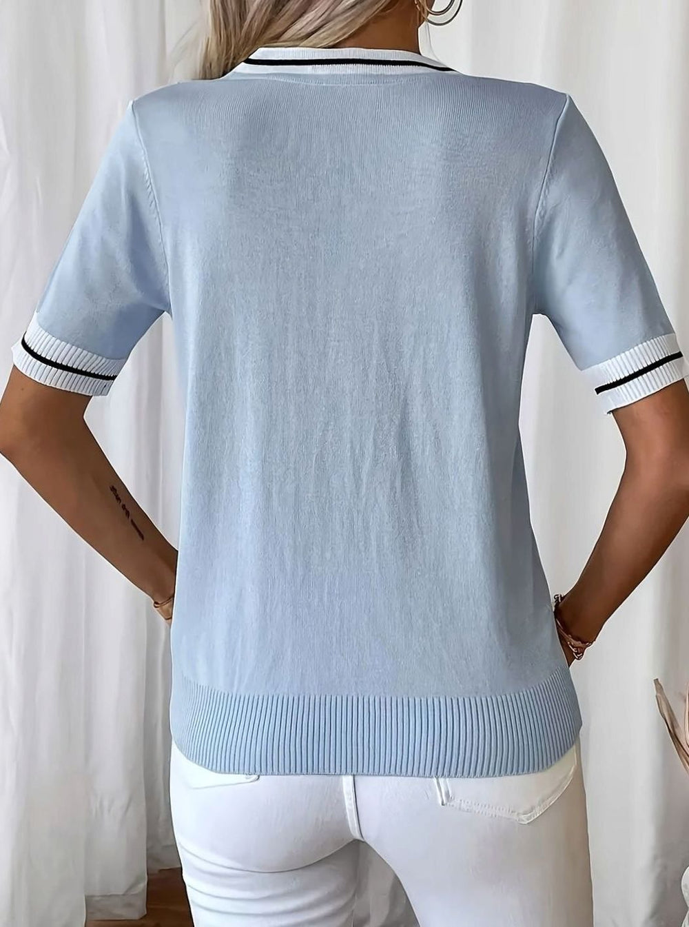 Women's V-Neck Contrast-Trim Tie-Detail Short-Sleeve Sweater