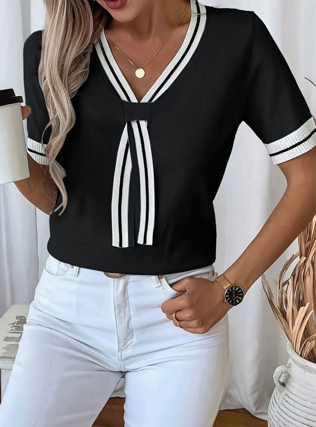 Women's V-Neck Contrast-Trim Tie-Detail Short-Sleeve Sweater - Black