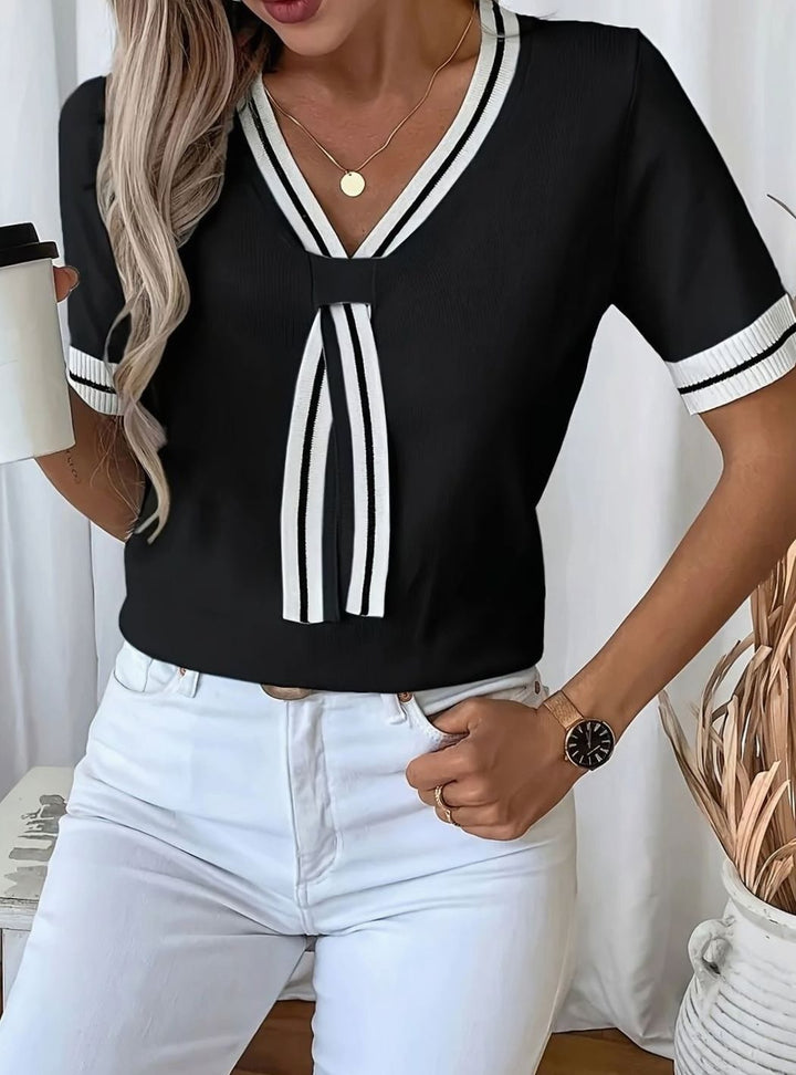 Women's V-Neck Contrast-Trim Tie-Detail Short-Sleeve Sweater - Black