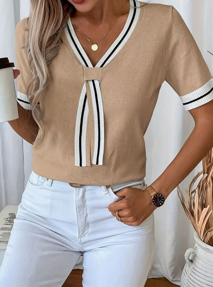 Women's V-Neck Contrast-Trim Tie-Detail Short-Sleeve Sweater - Khaki