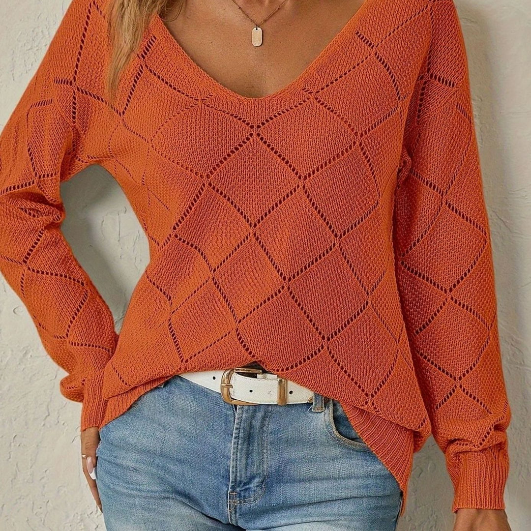 Women's V-Neck Diamond Openwork Knit Sweater - Orange-Red