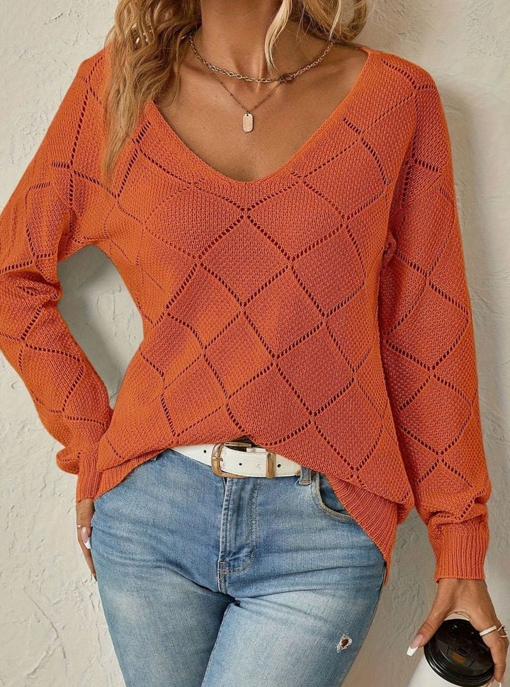 Women's V-Neck Diamond Openwork Knit Sweater