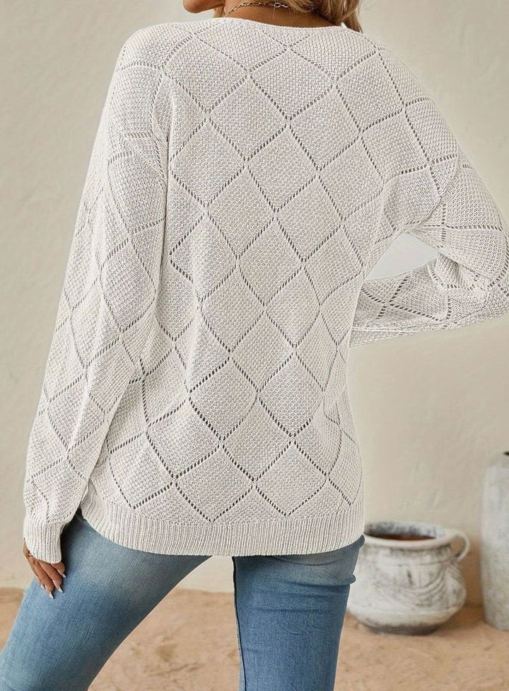 Women's V-Neck Diamond Openwork Knit Sweater