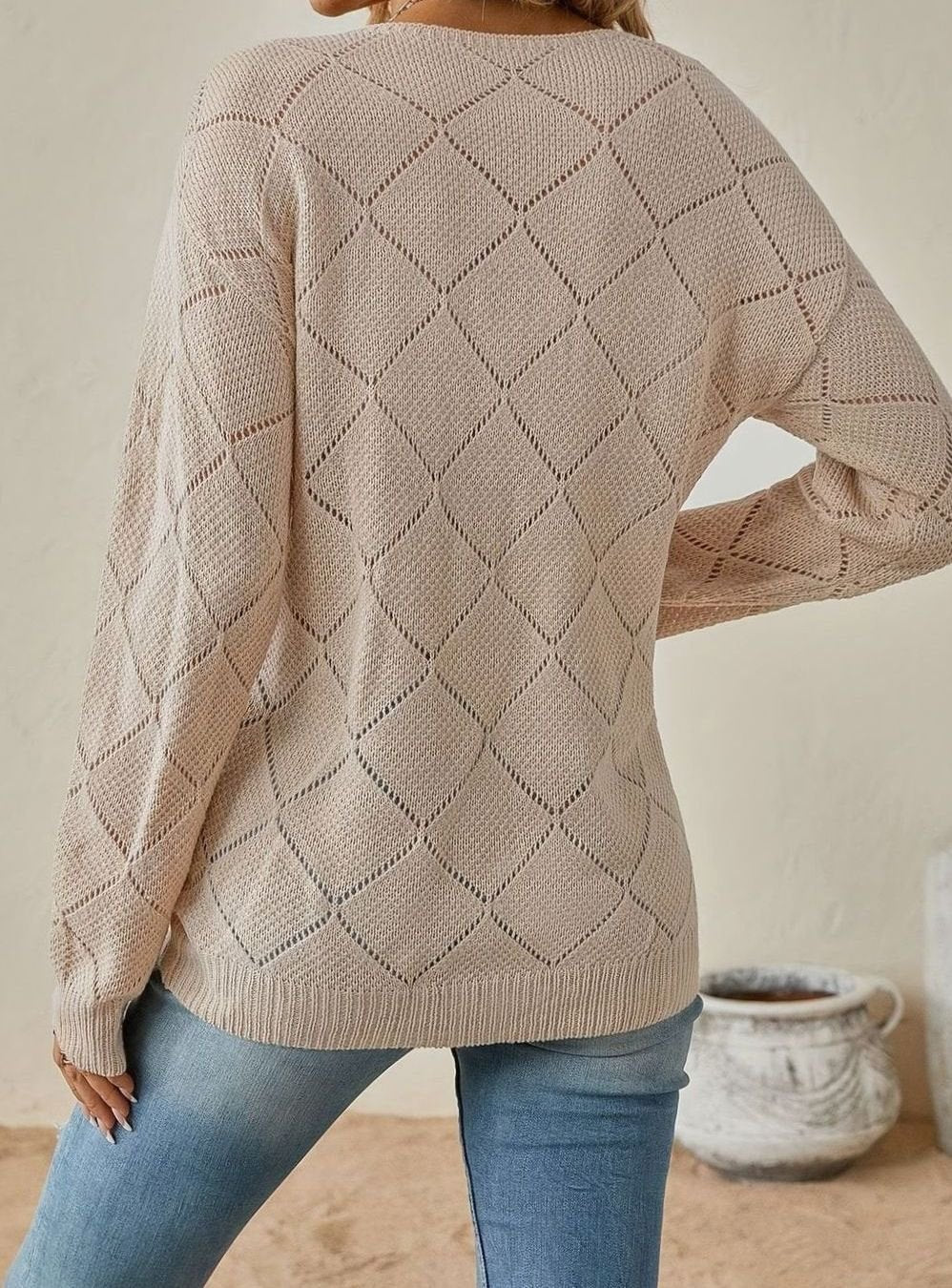 Women's V-Neck Diamond Openwork Knit Sweater