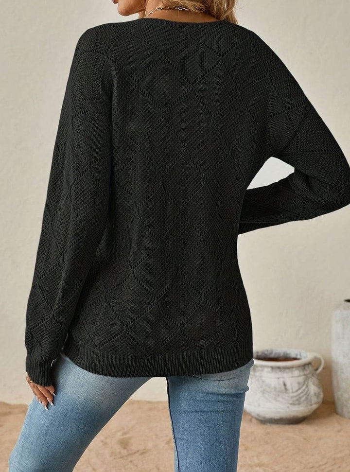 Women's V-Neck Diamond Openwork Knit Sweater