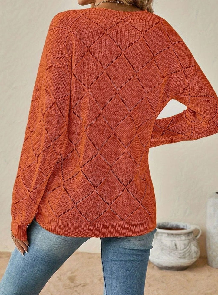 Women's V-Neck Diamond Openwork Knit Sweater