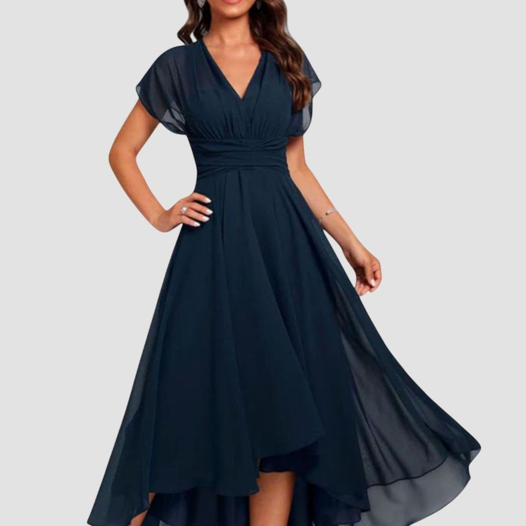 Women's V-Neck Flutter-Sleeve Chiffon A-Line Midi Dress - Navy Blue
