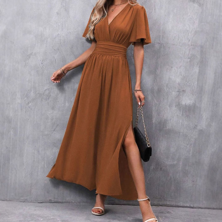 Women's V-Neck Flutter-Sleeve High-Waist Maxi Dress Side Slit - Caramel