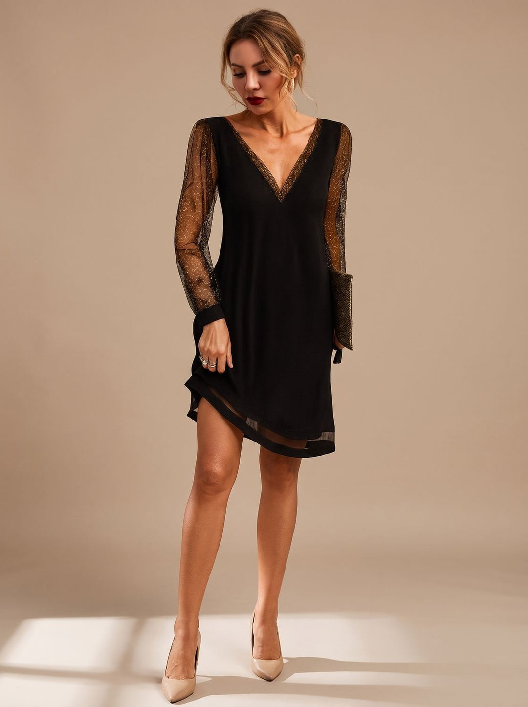 Women's V-Neck Glitter Mesh Sleeve Mini Christmas Party Dress - Black