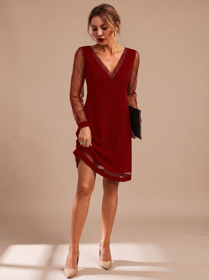 Women's V-Neck Glitter Mesh Sleeve Mini Christmas Party Dress - Red