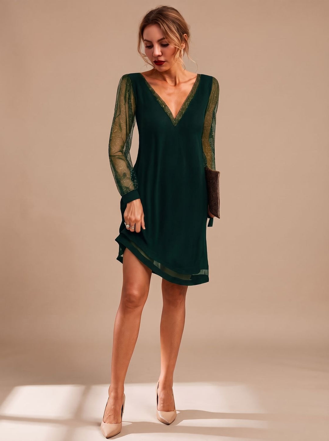 Women's V-Neck Glitter Mesh Sleeve Mini Christmas Party Dress - Green