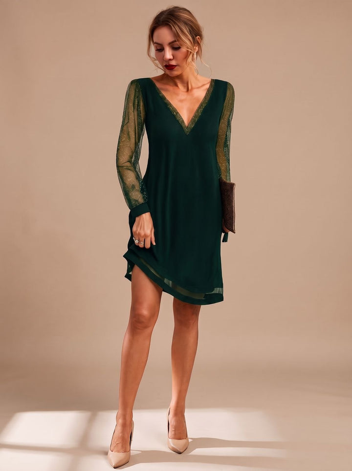 Women's V-Neck Glitter Mesh Sleeve Mini Christmas Party Dress - Green