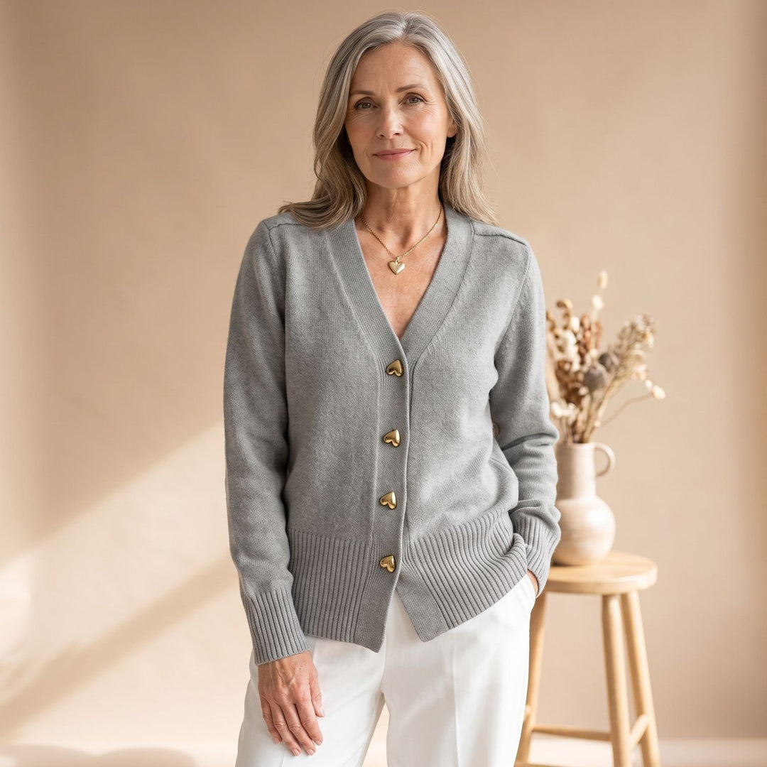 Women's V-Neck Gold Heart-Button Knit Cardigan