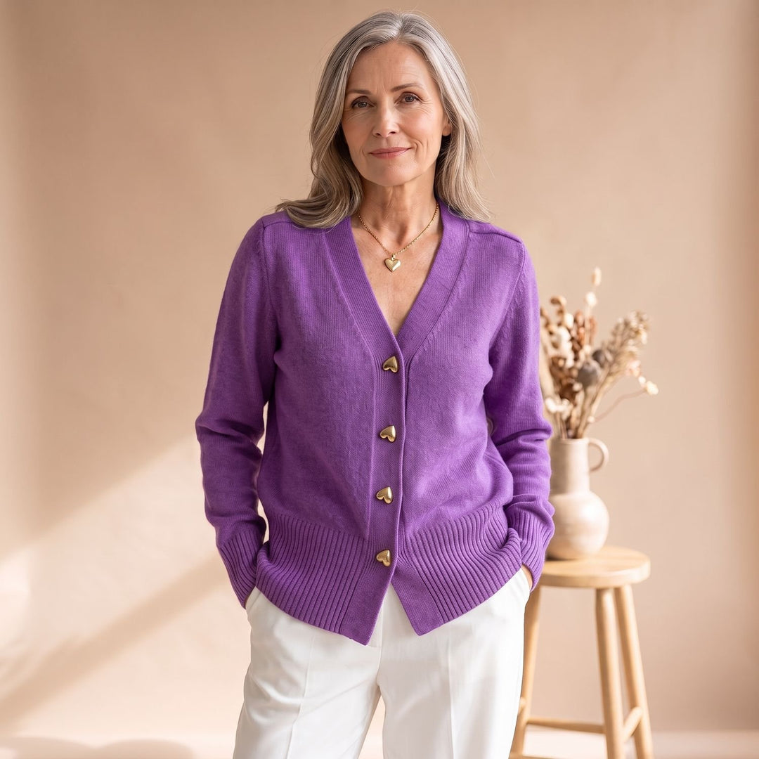 Women's V-Neck Gold Heart-Button Knit Cardigan - Purple