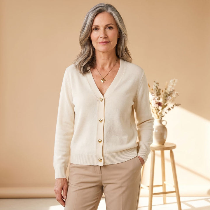 Women's V-Neck Gold Heart-Button Knit Cardigan - Beige