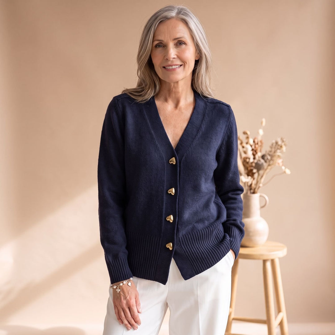 Women's V-Neck Gold Heart-Button Knit Cardigan - Black
