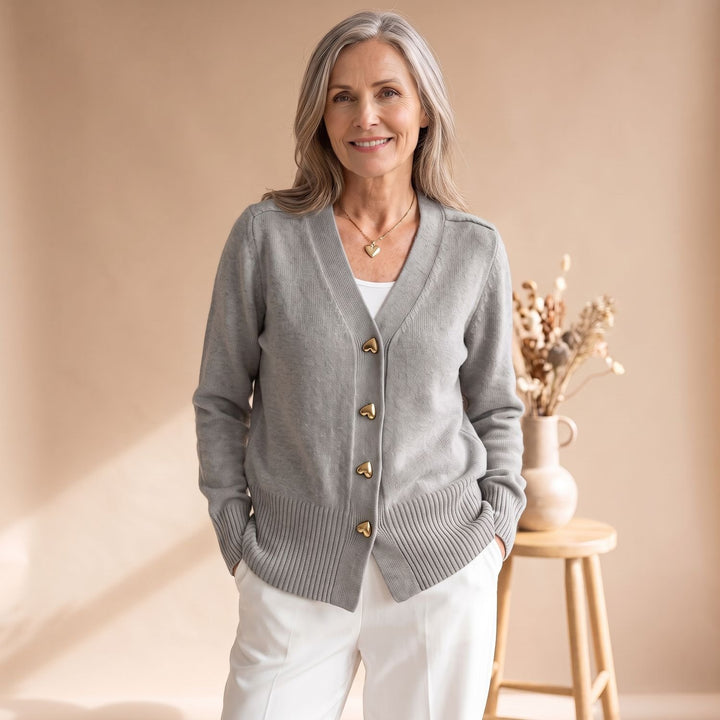 Women's V-Neck Gold Heart-Button Knit Cardigan - Gray