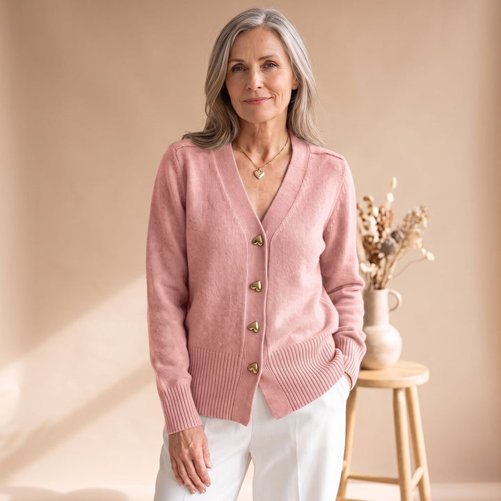 Women's V-Neck Gold Heart-Button Knit Cardigan - Pink