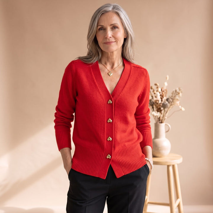 Women's V-Neck Gold Heart-Button Knit Cardigan - Red