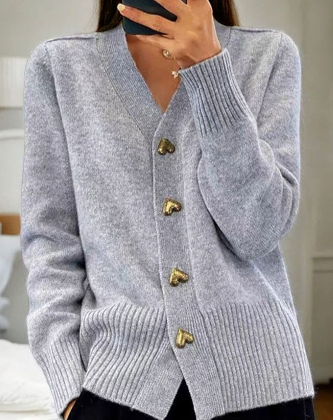 Women's V-Neck Heart-Button Knit Cardigan Sweater - Gray