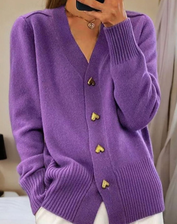 Women's V-Neck Heart-Button Knit Cardigan Sweater - Violet