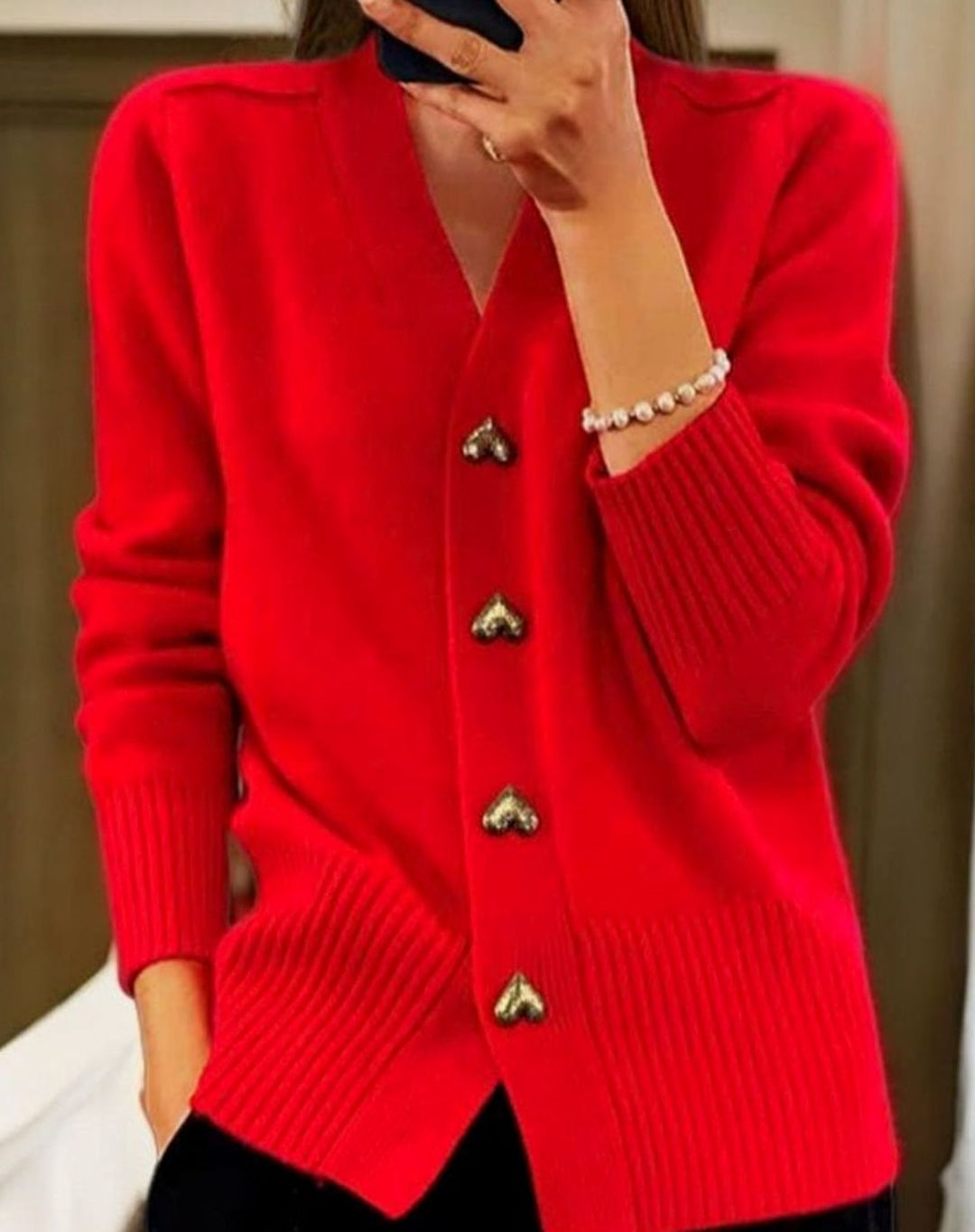 Women's V-Neck Heart-Button Knit Cardigan Sweater - Red