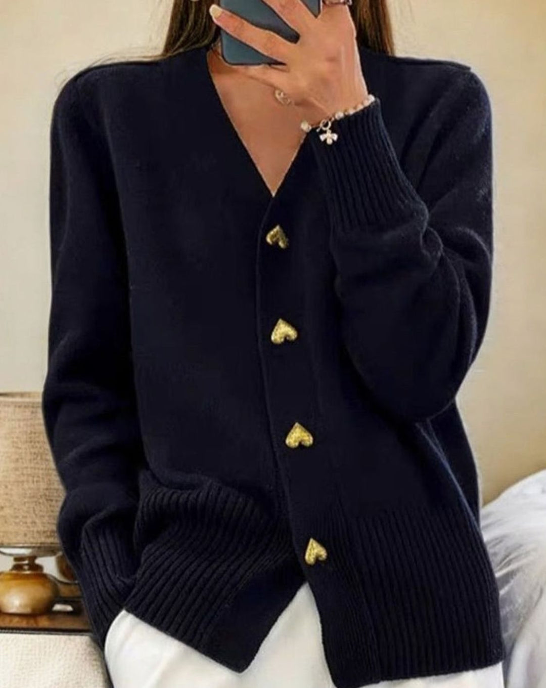 Women's V-Neck Heart-Button Knit Cardigan Sweater - Black