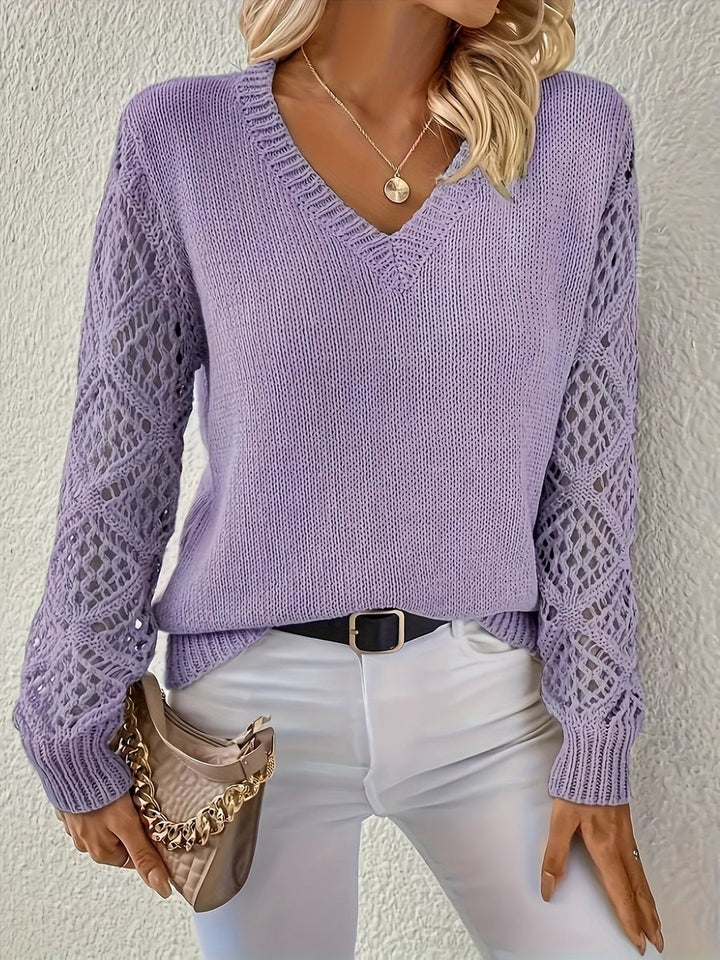Women's V-Neck Hollow-Out Long Sleeve Knit Sweater - Purple