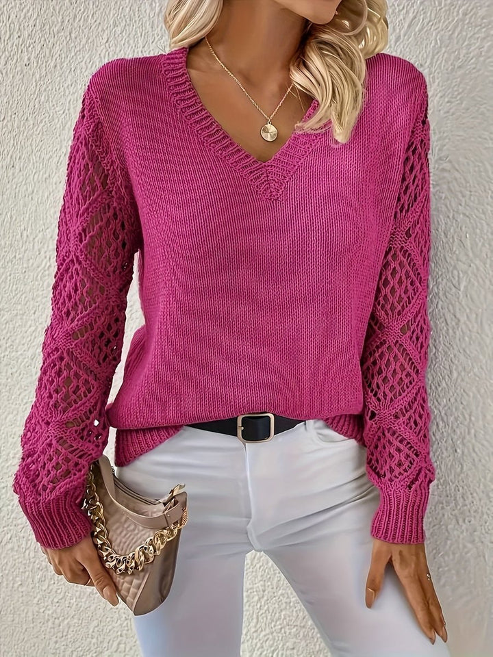 Women's V-Neck Hollow-Out Long Sleeve Knit Sweater