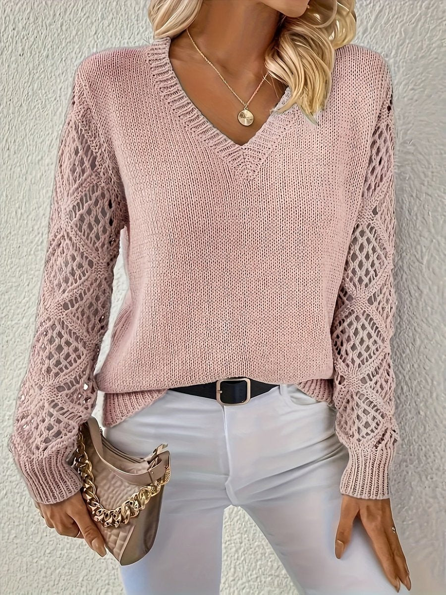 Women's V-Neck Hollow-Out Long Sleeve Knit Sweater - Pink